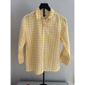 Talbots Gingham IRISH Linen Blend Button Down Shirt Yellow White Sz S Cottage